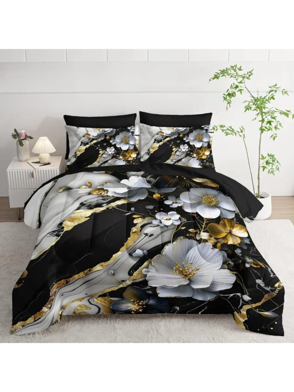 7-Piece King Marble Floral Comforter Set - Black & White Bedding, Gold Accents